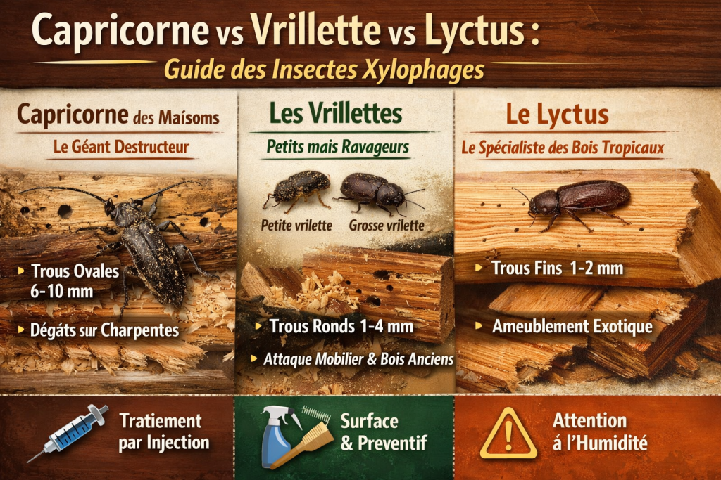 Capricorne vs Vrillette vs Lyctus : Guide des Insectes Xylophages